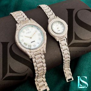 ست ساعت نقره عروس و داماد مجلسی فول نگین کد SL32