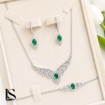 سرویس نقره زنجیری زنانه آویز قطره‌ای سبز کد SZ46 لاریسا